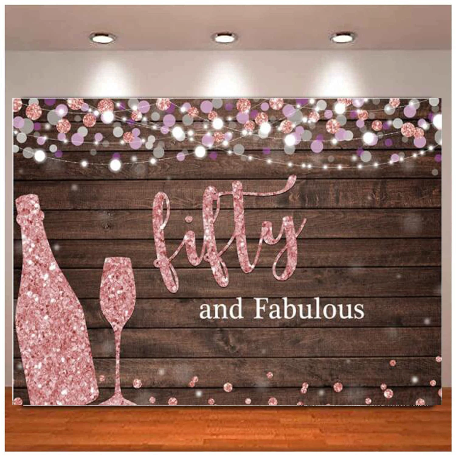 Photography Backdrop For Women Rustic Background Rose Gold Champagne Glass 50th Fifty Birthday Party Decor Cake Table Banner