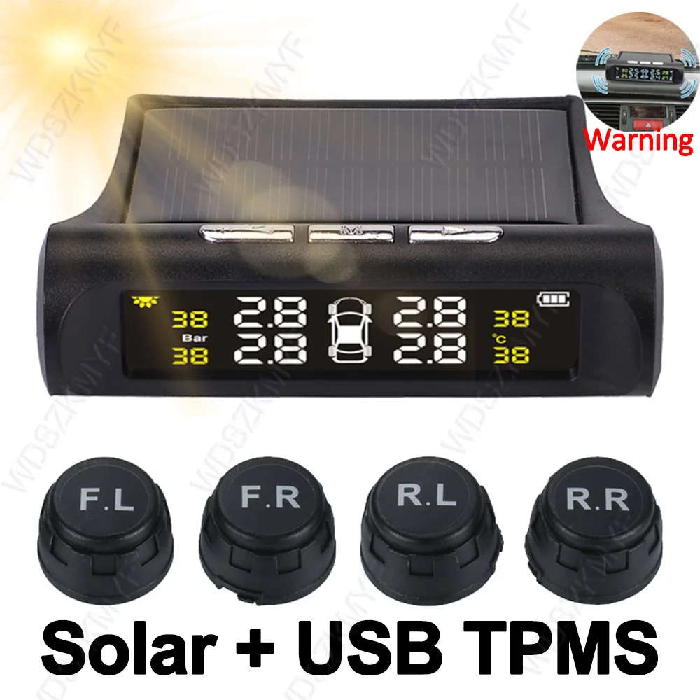 

HOT Solar USB TPMS Car Tire Pressure Monitoring System Car Tyre Pressure Monitor Tyre Pressure Alarm With 4 External Sensors