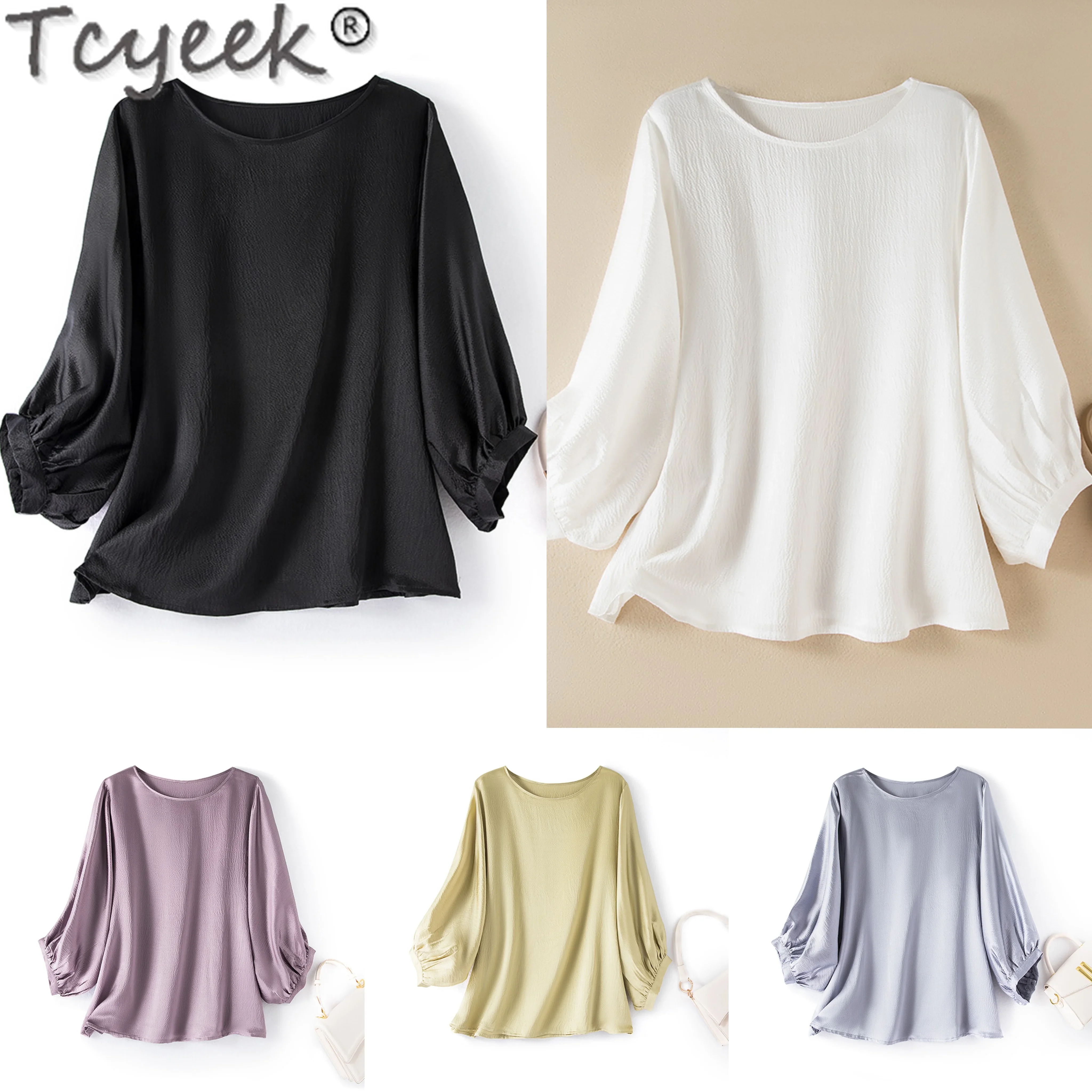 Tcyeek 100% Mulberry Silk T-shirts for Women 2024 Black Top Elegant Female Blouses Summer Clothes Ladies Tops Casual Топ Женский