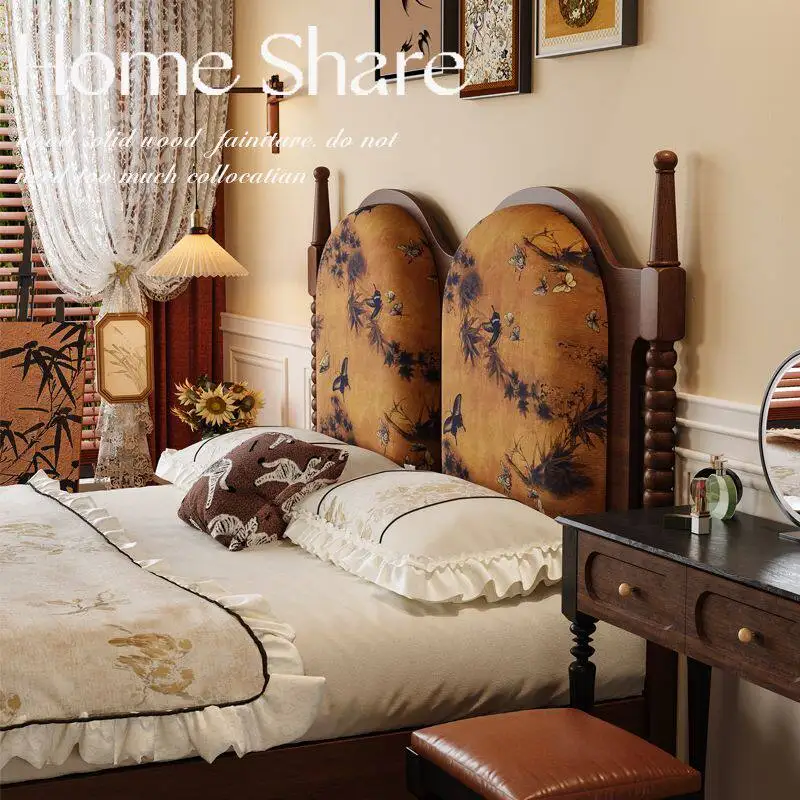 

Mid ancient style American solid wood bed, retro French headboard, soft pack bed