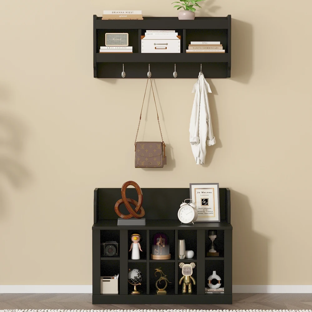 ON-TREND Shoe Storage Bench with Shelves and 4 Hooks, Elegant Hall Tree with Wall Mounted Coat Rack, Entryway Organizer