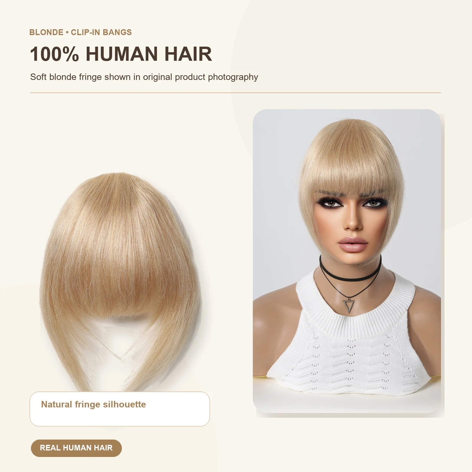 100% Human Hair Clip-In Wispy Bangs Blonde Fringe with Face-Framing Side Pieces One-Piece Snap Clip Mesh Base Hair Extension