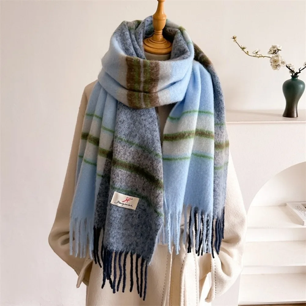 Cozy Soft Faux Cashmere Scarf Thickened Classic Tassels Warm Stripe Shawl Plaid Design Color-Block Wrap Scarf Women
