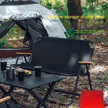 휴대용 더블 캠핑 의자-경량 접이식 야외 2 인용 좌석, 등받이 포함, 200kg 용량, 블랙/카키