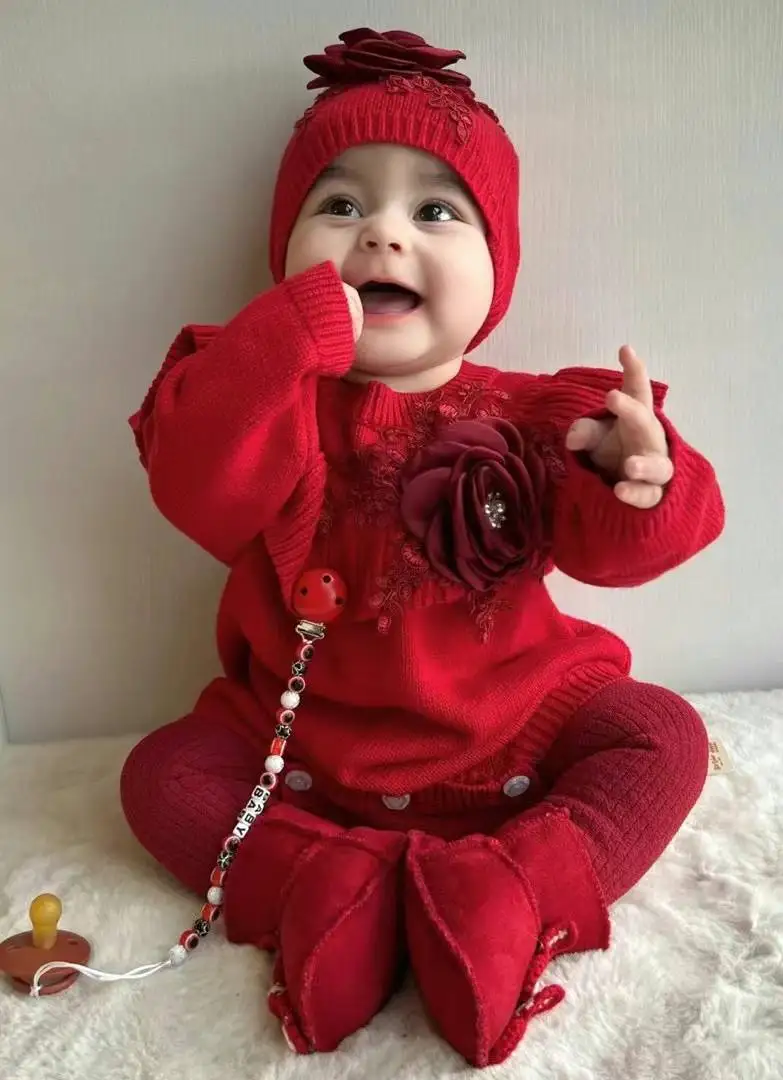 Christmas Baby Girl Red Sweater Outfit Toddler Knitted Lace Flower Romper Jewelry Onesie Cotton Jumpsuit and Turban Hat Set