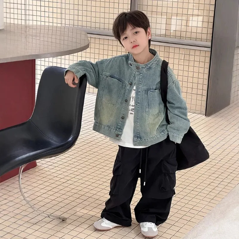

2023 весенне-осенняя джинсовая куртка в корейском стиле для мальчиков, повседневный топ для малышей/молодежьих мальчиков, стильная и модная весенняя куртка