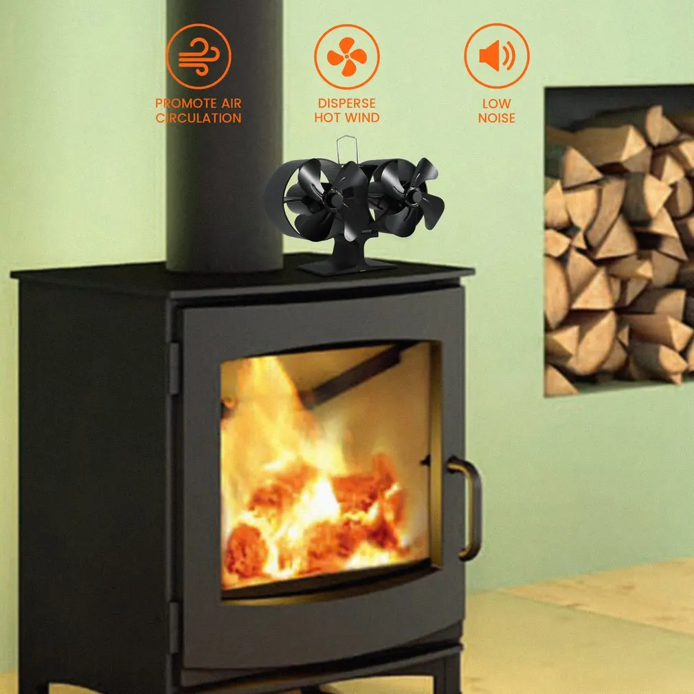 NEW 4-blade 2-head Fireplace Fan Silent Cycle Heating Rust-proof Good Thermal Conductivity Sturdy Practical Fireplace Fan