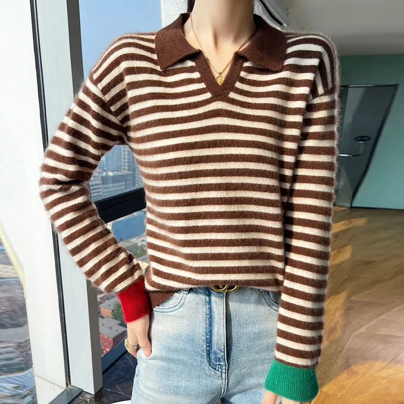 

Autumn Winter Women 100% Merino Wool Sweater Polo Collar Striped Contrasting Color Pullover Thickened Cashmere Casual Top