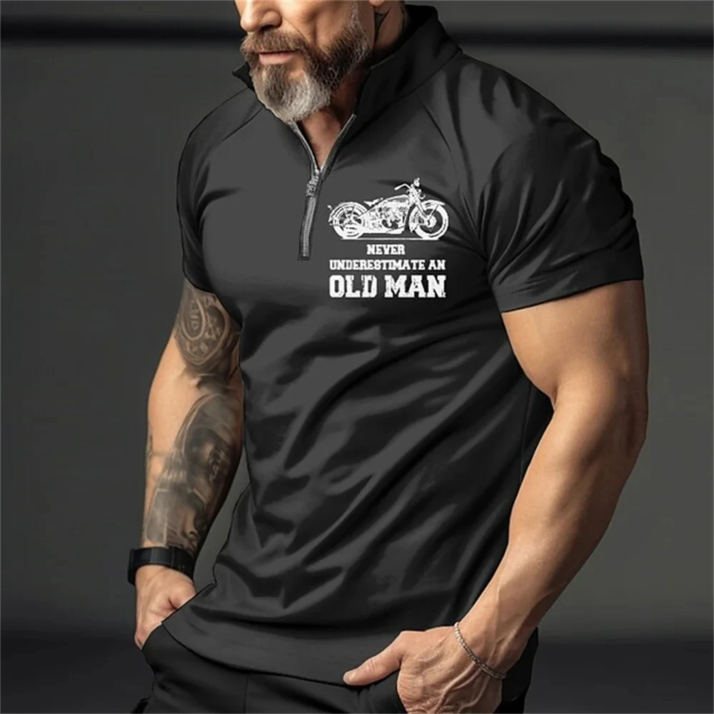 Vintage Short Sleeve Men\'s Polo Shirts Motocycle 3d Print Lapel Zipper Man Top High Quality Oversized Male Shirt Casual Clothing