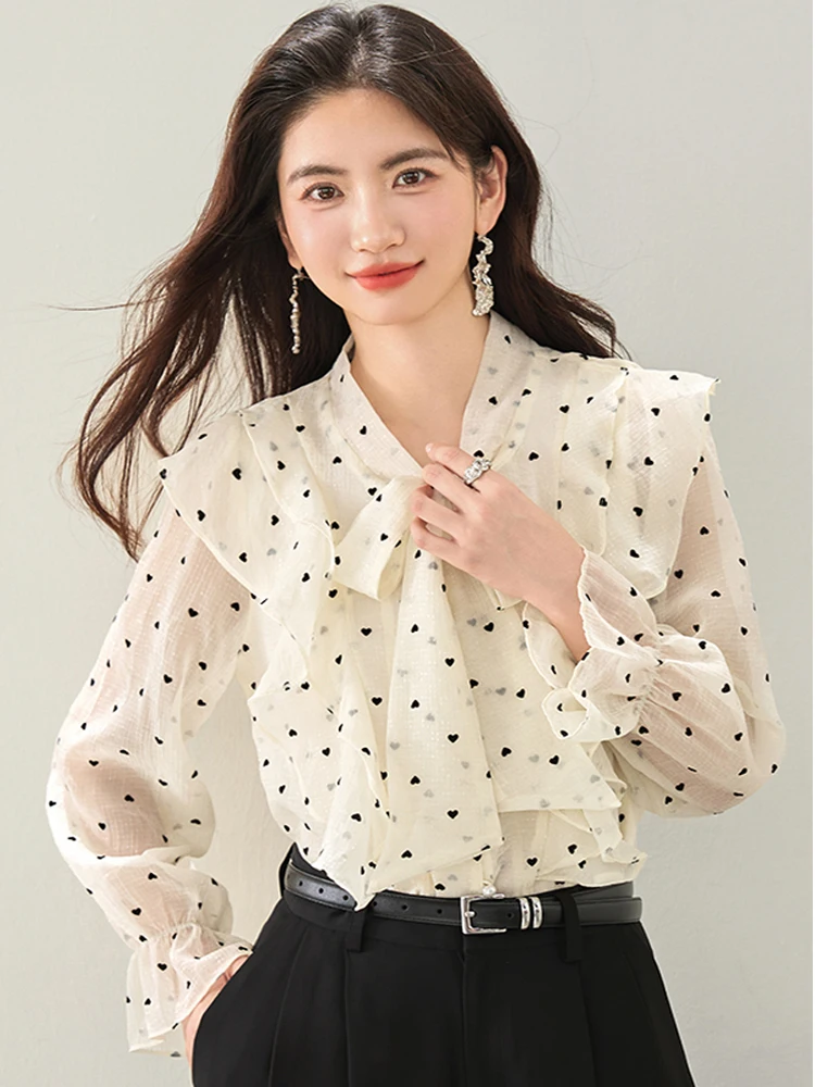 

Autumn Womens Vintage Work Casual Tops Heart Print Chiffon Blouse Bow Tie Elegant Sweet Ruffles Long Sleeve Loose Shirt