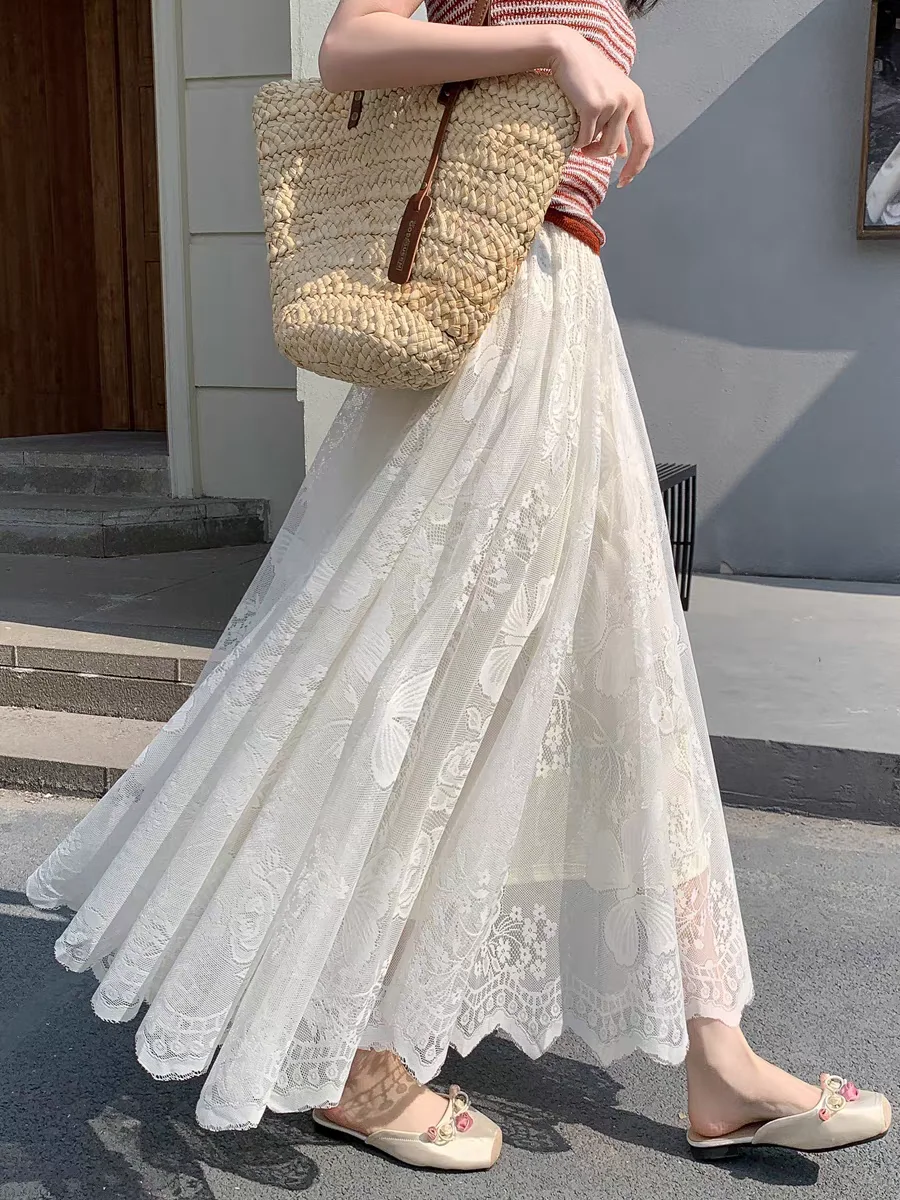 

2025 Sheer Lace Maxi Skirt: High Waist Flowy A-Line Skirts for Women, Spring Summer Autumn New