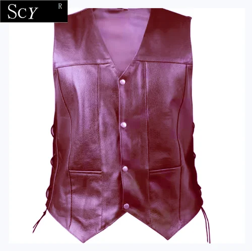 Imagen 2 del producto Chaleco de cuero para motocicleta estilo vaquero con encaje lateral para hombre bolsillos para pistola