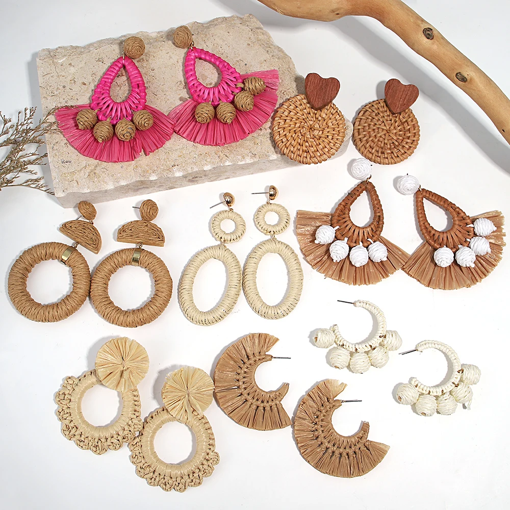 Lifefontier Retro Handmade Braided Raffia Beaded Geometric Drop Earrings For Women Summer Fan Shaped Wooden Earring Jewelry 2024