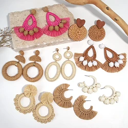 Lifefontier Retro Handmade Braided Raffia Beaded Geometric Drop Earrings For Women Summer Fan Shaped Wooden Earring Jewelry 2024