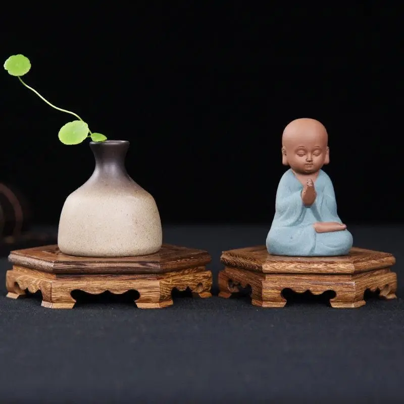 Hexagon Wooden Display Stand Miniature Model Sculpture Base Flower Pot Bonsai Display Stand Mini Buddha Statue Decorative Base