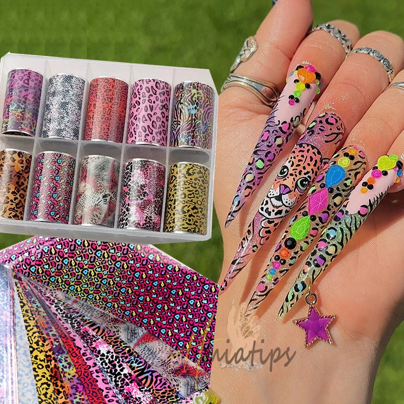 10 Roll Luxury Pink Leopard Print Nail Foils Transfer Decals Zebra Snake Print Acrylic Nails Design Manicure Decorations