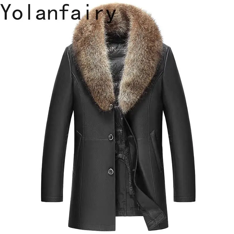 

YOLANFAIRY Real Goatskin Genuine Leather Jacket Men Winter Detachable Down Liner Coat Raccoon Fur Collar Warm Puffer Coats 2025