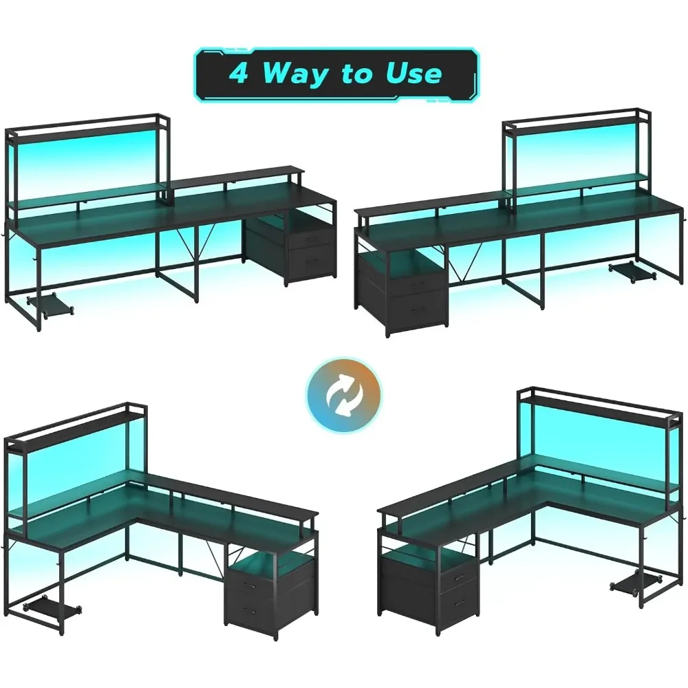 Bureau de jeu en forme de L, bureau à domicile de 94.4 pouces avec étagère pour moniteur de gestion des fichiers, bureau d'ordinateur de jeu d'angle avec huche