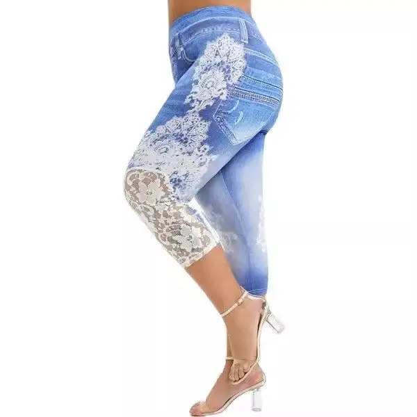 High Waist Lace Trim Fit Jeans Comfortable Yoga Creative Denim Print Seven-Foot Pants Casual Mid-Aged Women's Fashion