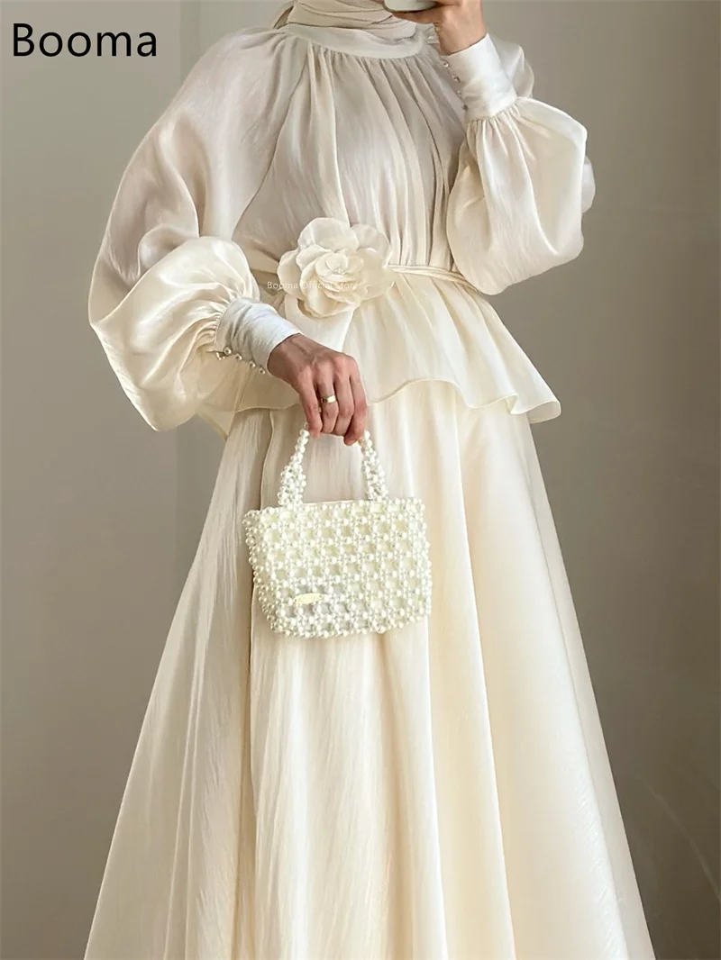 Booma a-line مطوي لامع رقبة دائرية زهرة المرأة حفلة موسيقية فساتين رسمية للنساء طويلة الأكمام فستان سهرة أنيق مخصص 2025