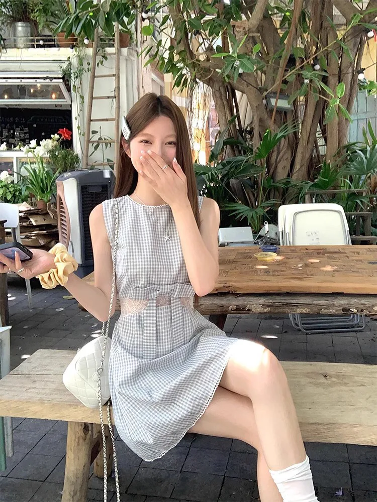  vestido a cuadros de estilo coreano para mujer, verano 2025, nuevo vestido sin mangas sencillo y bonito con cintura ajus...