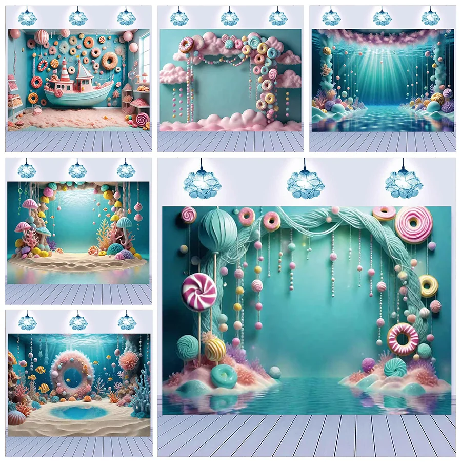 Fairy Light Blue Candyland Kid 1st Birthday Party Decor Baby Candyland Doughnut Cotton Candy Cloud Sky Background Photocall Prop