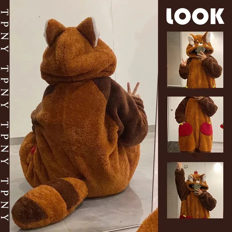 

Cartoon Animals Little Raccoon Cosplay Pajamas Adult Hooded Warm Robe Coral Velvet Bathrobes Homewear Women Thickened Nightgown