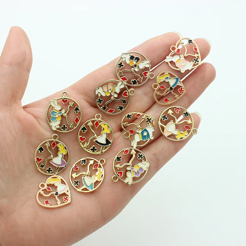 10pcs Handmade Diy Alice In Wonderland Charms, Poker Playing Card Clock Bunny Rabbit Pendants Round Enamel Earrings Accessories