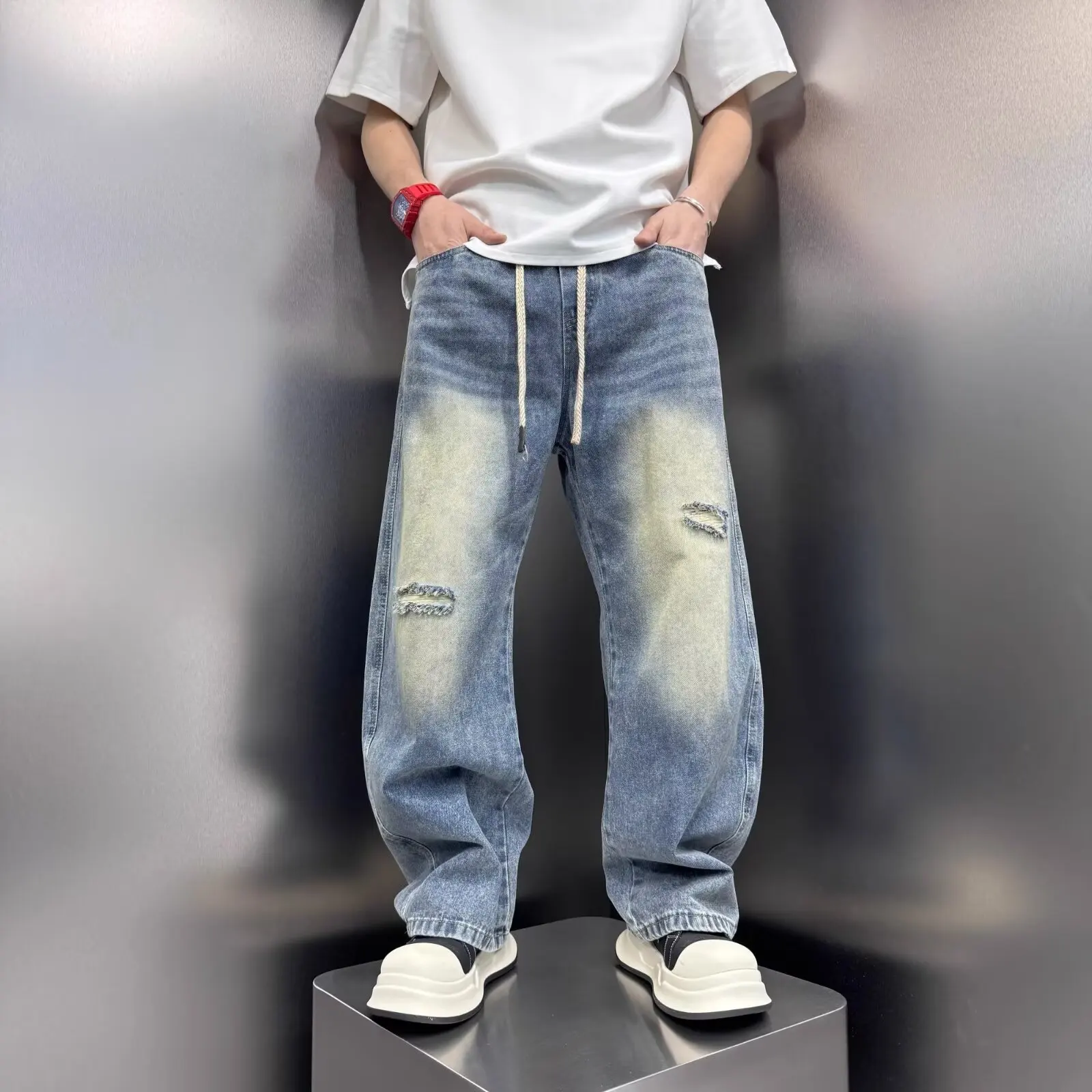 

Весенние американские рваные джинсовые брюки, мужские модные свободные прямые потертые универсальные широкие длинные брюки