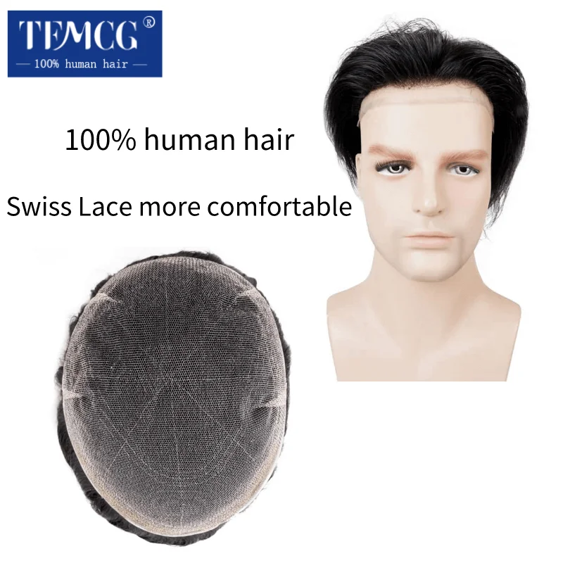 New Full Swiss Lace Men Toupee 100% Human Hair Men Wig Replacement Systems Comfortable Men's Capillary Prothesis Piece Male Wig