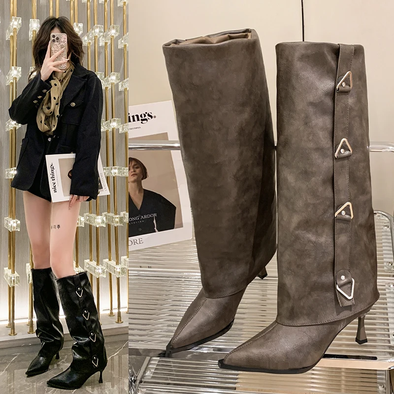 

2025 г. Высококачественные и популярные женские сапоги до колена на высоком каблуке. Кожаные модные ботинки на массивном каблуке с острым носком. Новые зимние длинные сапоги.