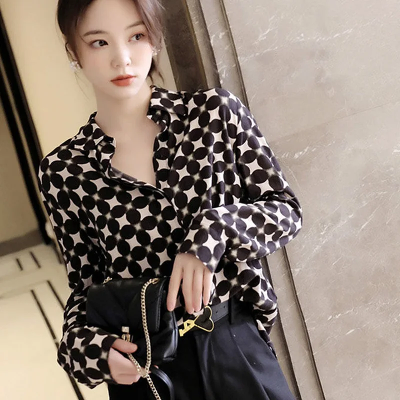 2024 Autumn New Fashion Casual Temperament Long Sleeved Shirt Elegant Loose Polka Dot Chiffon Polo-Neck Young Style Women\'s Top