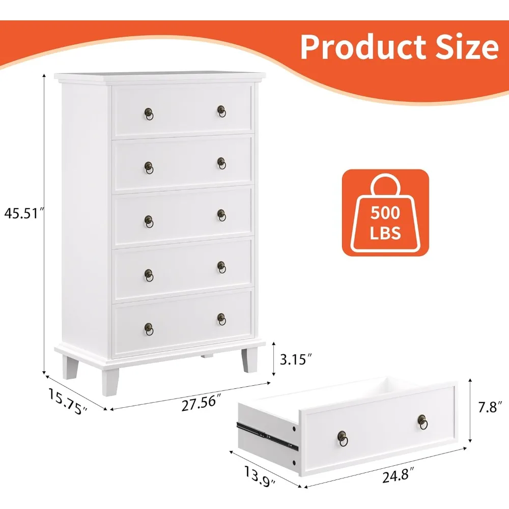 5 Drawers Dresser for Bedroom, White Chest of Drawers Tall Wood Dresser with Large Storage Organizer for Living Room, Hallway