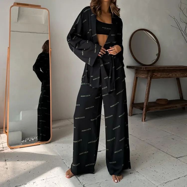 Printing Female Pajamas 2 Piece Suit Long Sleeve Lace Up Sleepwear Sexy V-Neck Nightgowns Pants Casual Nightwear Sets