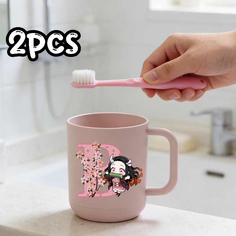 Demon Slayer Children Teeth Cup Toothbrush 2pcs Set Girl Anime Nezuko Letter Print Mouthwash Cup Cute Toothbrush Cups Water Mug