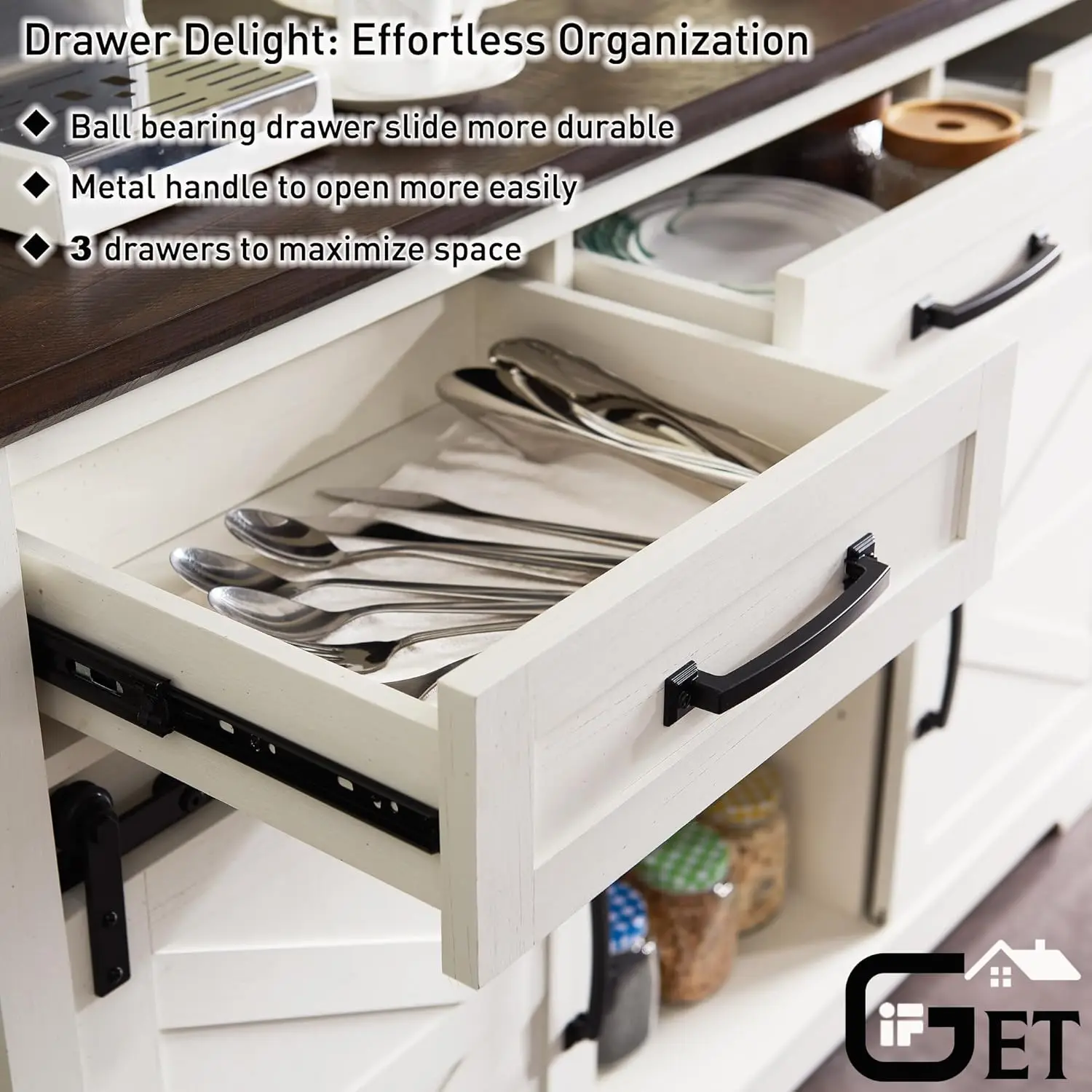 Farmhouse Buffet Cabinet, 53” Sideboard with 3 Drawers, Rustic White Storage Cabinet with Sliding Barn Door for Dining Room, Kit