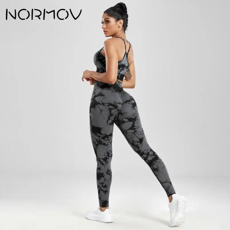 NORMOV Tie Dyeing Gym Set Seamless Women Sports Set Raises Butt Gym Set Women High Waist Workout Set Tracksuit Woman Tank Top