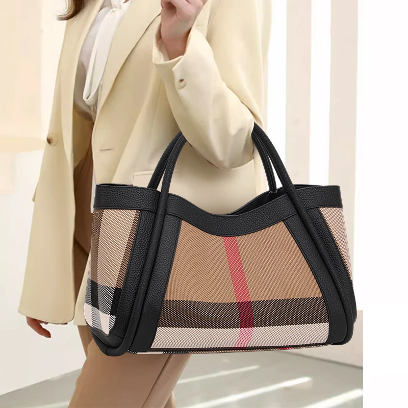 

Women's Genuine Leather Large-Capacity Crossbody Handbag Cowhide Plaid Design High-End Stylish 2025 Mother-In-Law Bag