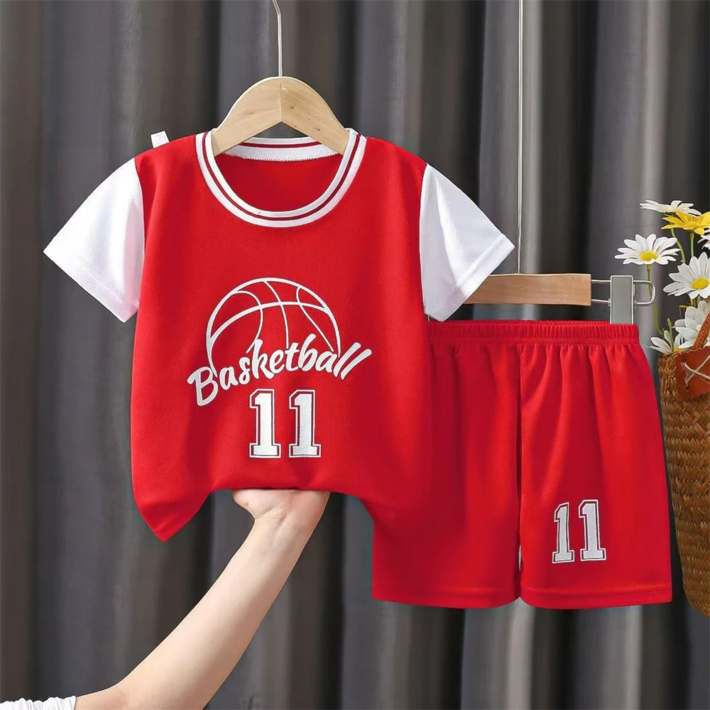 Children's T-shirt+Shorts Quick drying Jersey basketball sports number print Suitable for boys girl leisure summer red clothing