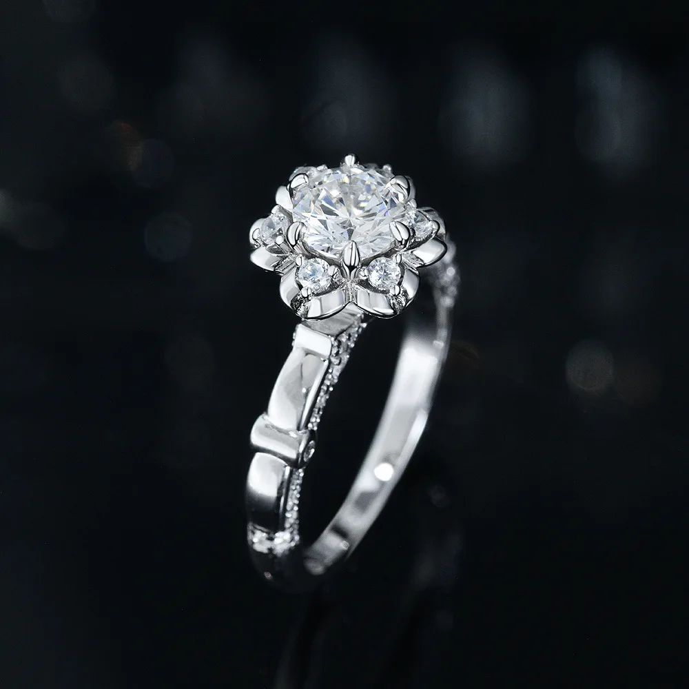 

New S925 Silver 6mm Round White G Color 1-carat High Carbon Diamond Ring, Fashionable and Versatile Wedding Jewelry