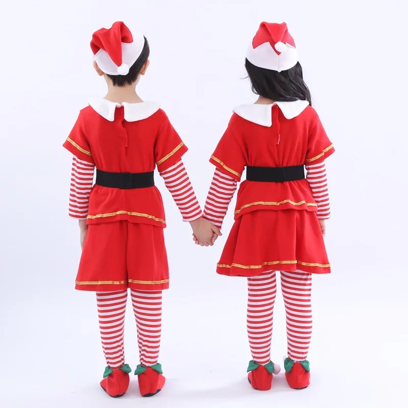 Boy Girl Christmas Santa Claus Costume Suit Xmas Party New Year Fancy Dress Clothes Set Children's Red Elf Cosplay Garment