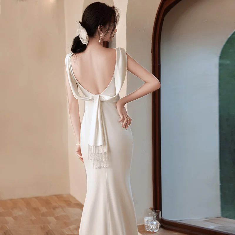 

Свадебное платье Bal Fi Tail из атласной ткани, белое, приталенное, с драпировкой, с завышенной талией, для свадьбы на открытом воздухе/на лужайке