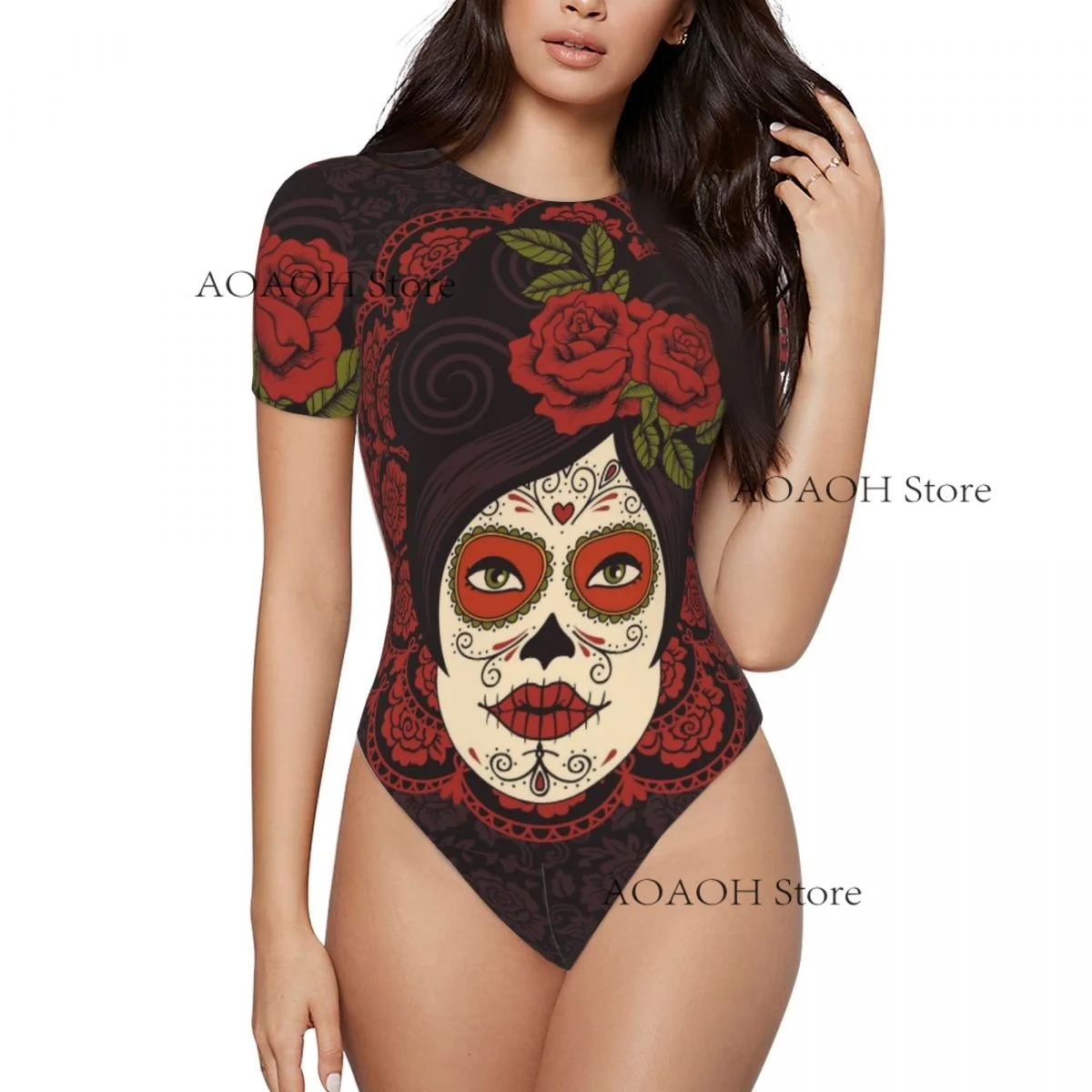 섹시한 여성 점프 슈트 여성 Romper Bodysuit Sleeved Sugar Skull 소녀 여성 의류 꽉 작업복