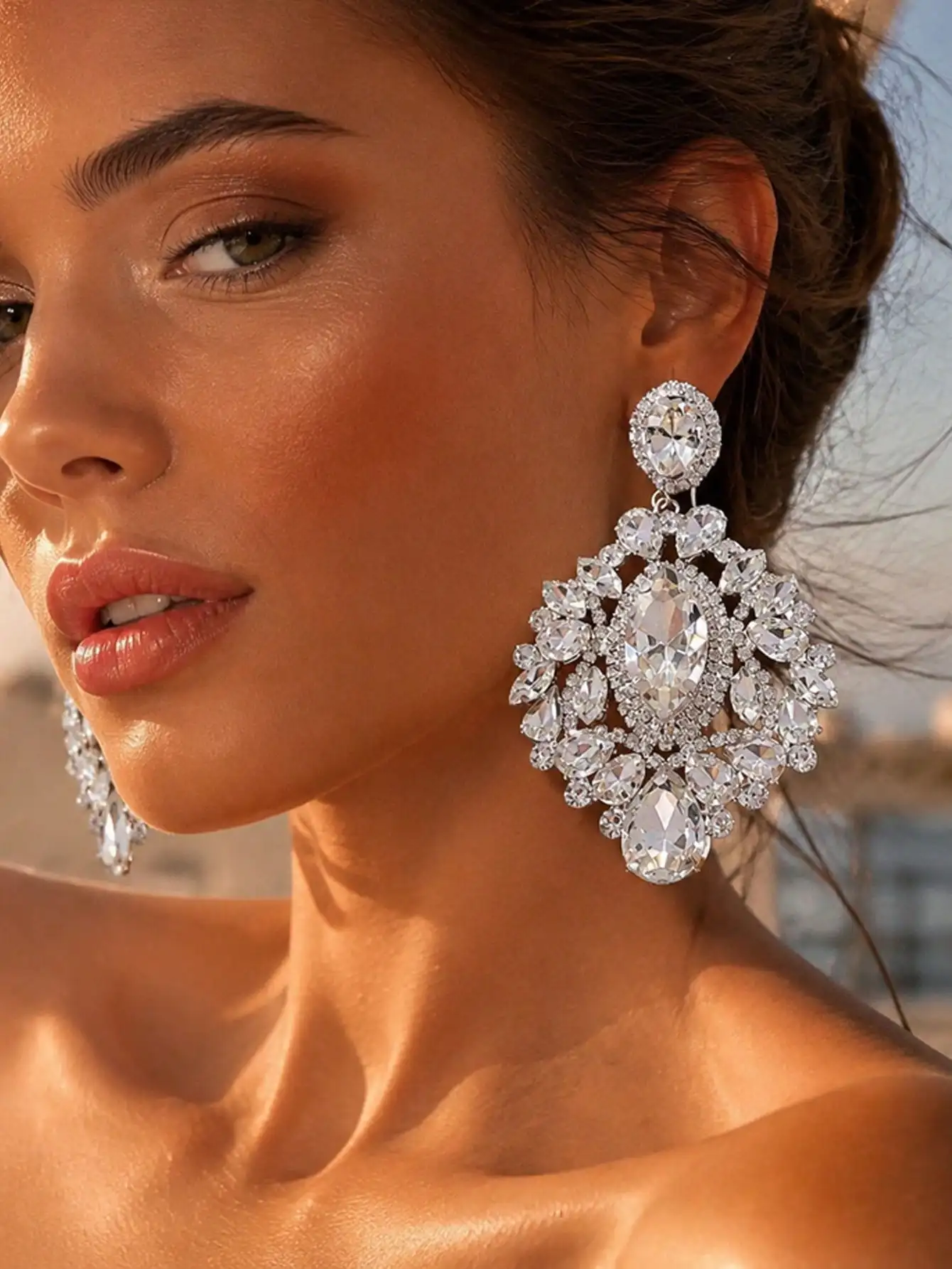 Sparkly Clear Rhinestone Chandelier Drop Earrings Luxury Oval Crystal Dangle Statement Earrings, Bridal Wedding Prom Party Jewe