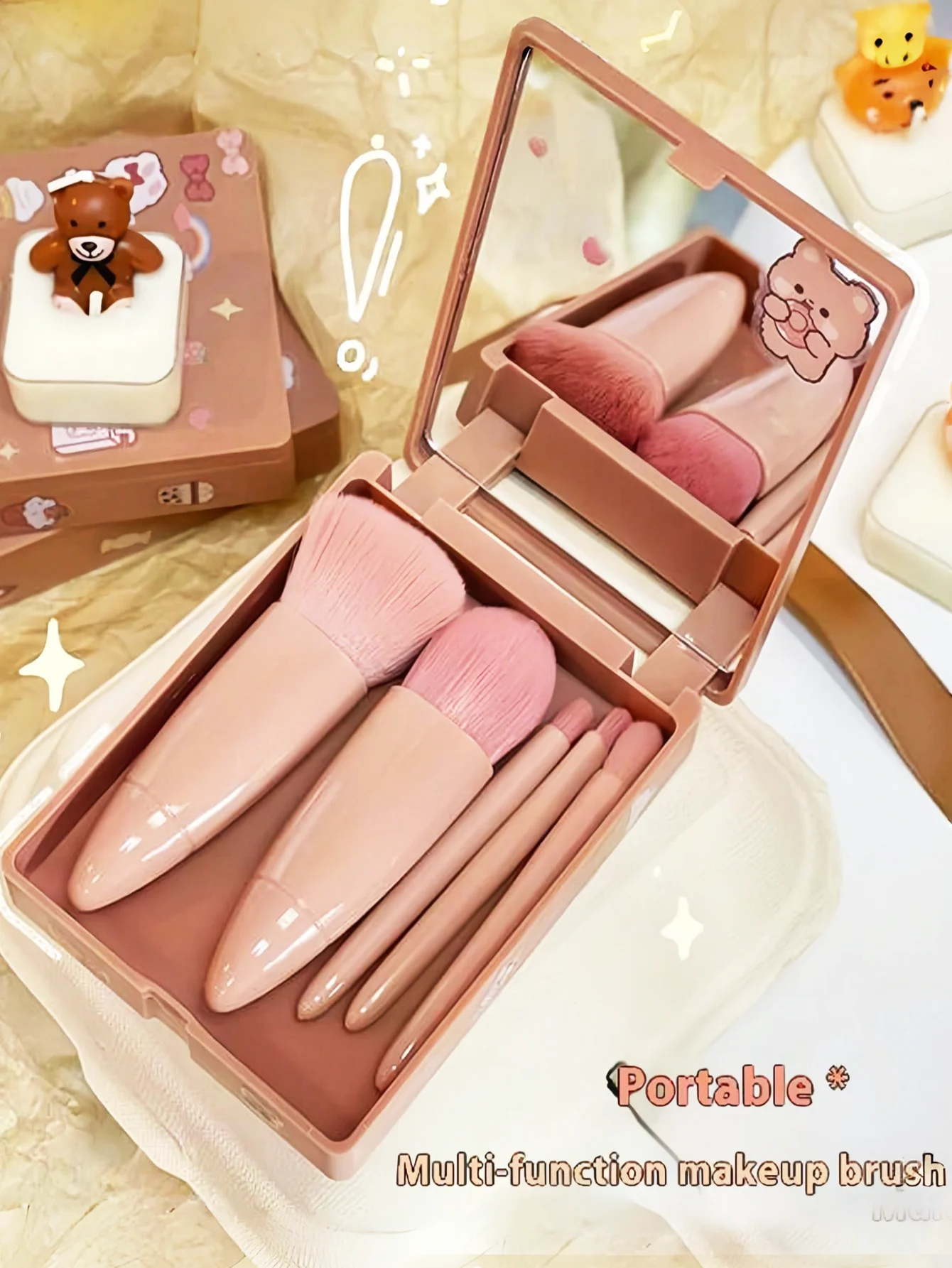 

Набор кистей для макияжа для путешествий, новый, 6 шт., миниатюрные портативные кисти для макияжа с зеркальным футляром, розовый косметический набор, многофункциональный, для пудры