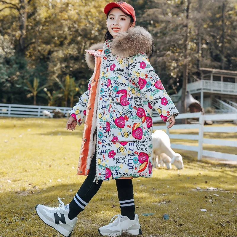 

UNITIM 2025 Winter Children Girl Jacket Coat Thick Warm Long Teenage Girl Down Jacket 5-12Y Kids Girls Outerwear Graffiti Outfit
