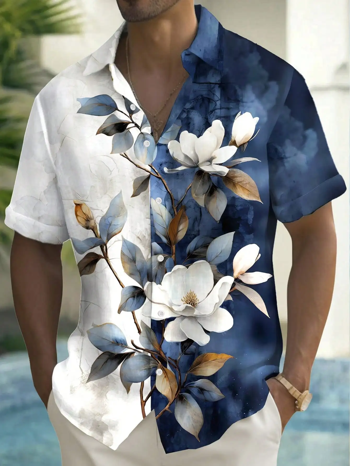 

Men's Short Sleeve Button-Down Shirt with Floral Print and Color Block Design