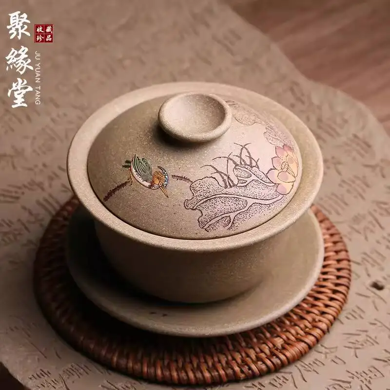 Yixing Original Purple Clay Three-Talent Gaiwan, Masterfully Handcrafted Cup, Serving Bowl, Ceremony Kung Fu Tea Set, Chinese