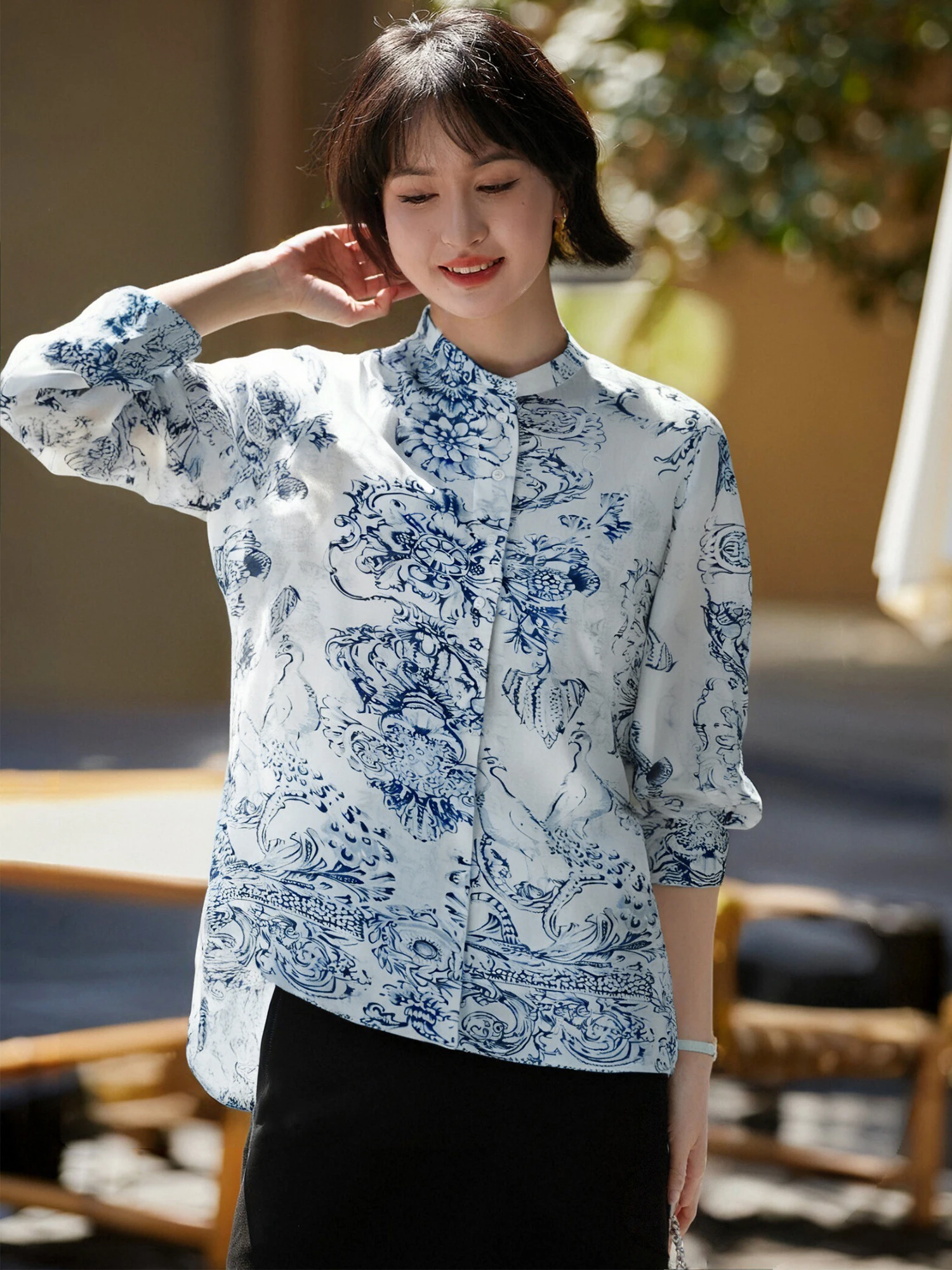 

Lightweight Long Sve irt Floral Print V-Ne Commute Sle Cotton Blend UV Protection Early Autumn New Arrival Women's Top
