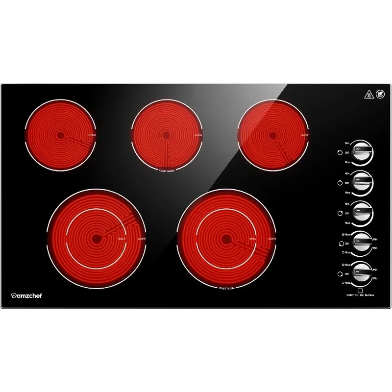 AMZCHEF Electric Cooktop36 inch Built-in Electric Stove Burner with 5 Burners 8900W Power Control by Knob Ceramic Electric Stove